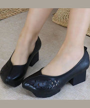 Women Vintage Chunky Heel Black Cowhide Leather Hollow Out