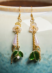 Women Water Droplet Pearl Green Leaf Drop Earrings