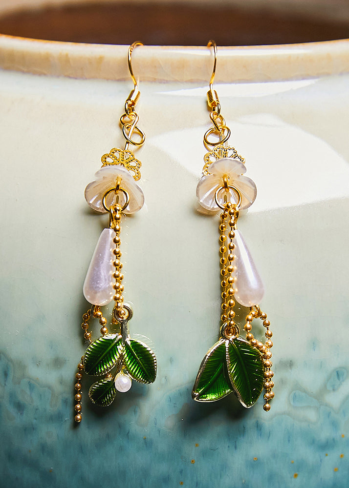 Women Water Droplet Pearl Green Leaf Drop Earrings