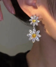 Women White Alloy Crystal Zircon Floral Drop Earrings