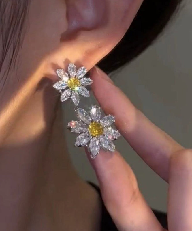 Women White Alloy Crystal Zircon Floral Drop Earrings