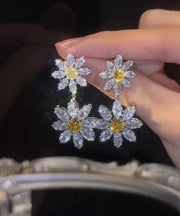 Women White Alloy Crystal Zircon Floral Drop Earrings