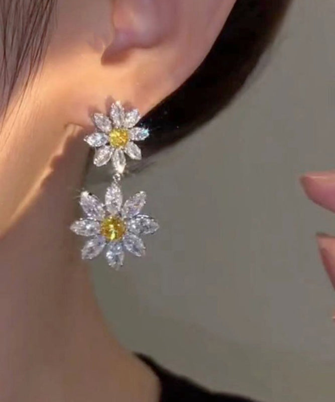 Women White Alloy Crystal Zircon Floral Drop Earrings