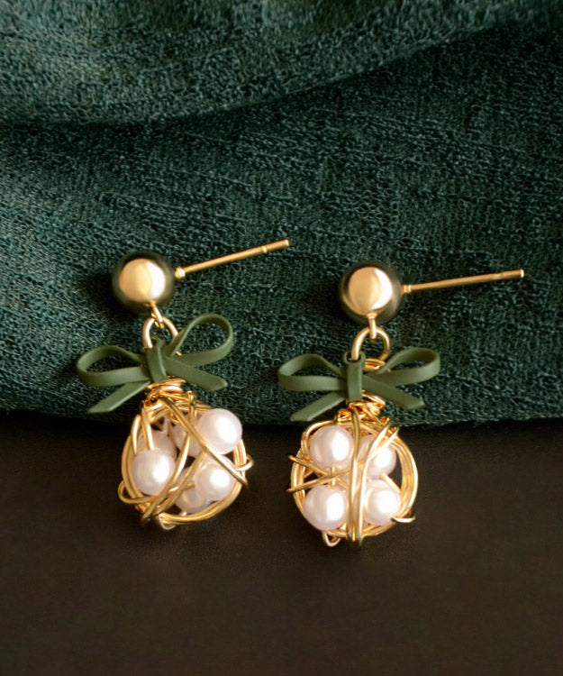 Women White Alloy Pearl Bow Drop Earrings