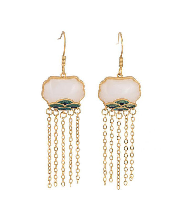 Women White Ancient Gold Inlaid Jade Enamel Tassel Drop Earrings