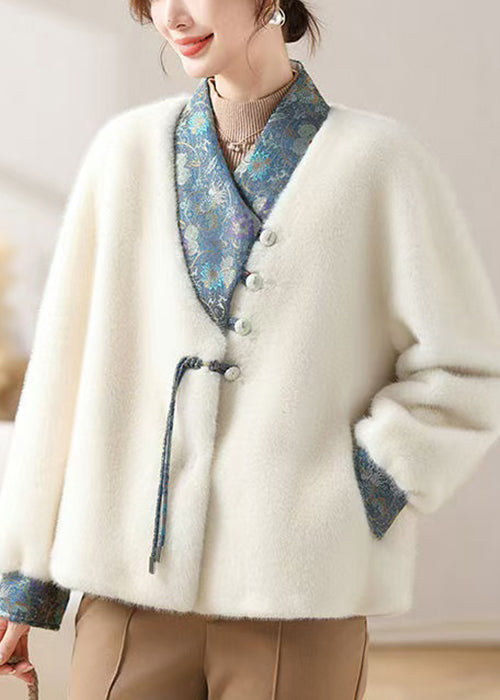 Women White Asymmetrical Button Mink Velvet Coat Winter