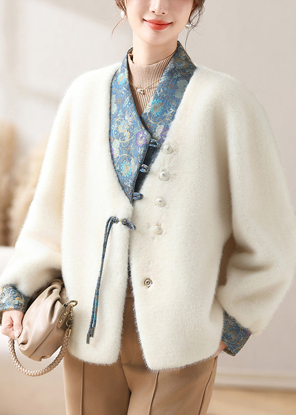 Women White Asymmetrical Button Mink Velvet Coat Winter