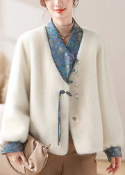 Women White Asymmetrical Button Mink Velvet Coat Winter