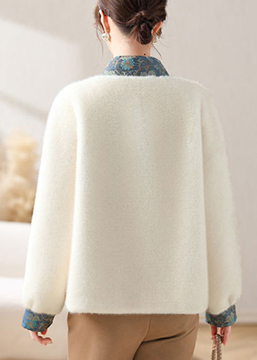 Women White Asymmetrical Button Mink Velvet Coat Winter