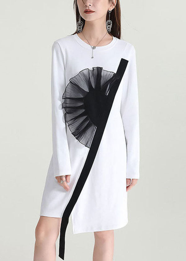 Women White Asymmetrical Patchwork Applique Cotton Dresses Fall