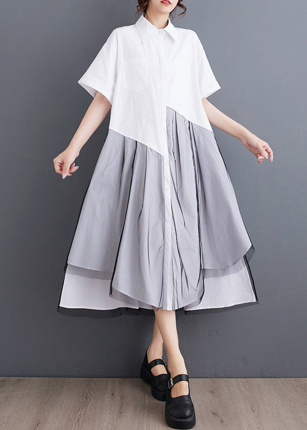 Women White Asymmetrical Tulle Patchwork Maxi Dress Short Sleeve