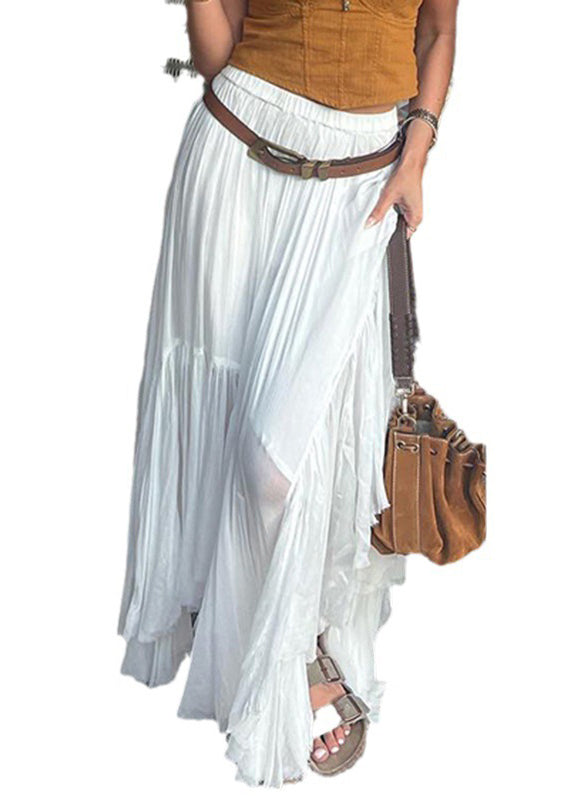 Women White Asymmetrical Wrinkled Patchwork Cotton Skirts Summer