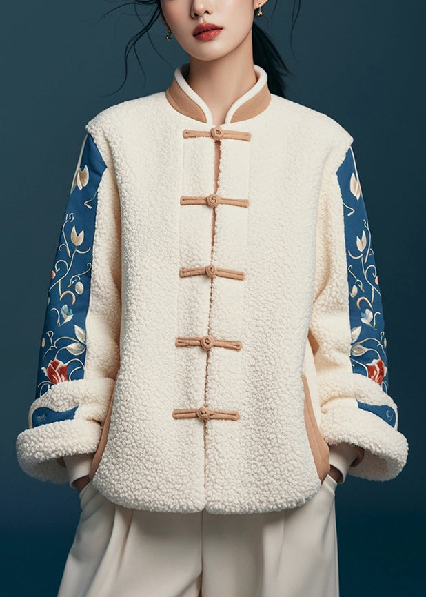 Women White Button Print Patchwork Teddy Faux Fur Coats Winter