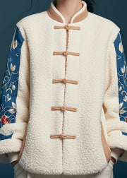 Women White Button Print Patchwork Teddy Faux Fur Coats Winter