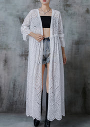 Women White Cinched Hollow Out Cotton Long Cardigans Fall