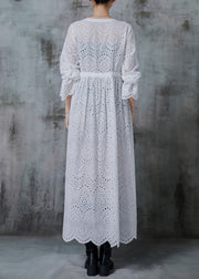 Women White Cinched Hollow Out Cotton Long Cardigans Spring