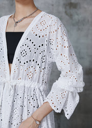 Women White Cinched Hollow Out Cotton Long Cardigans Spring