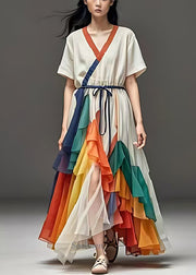 Women White Cinched Patchwork Tulle Maxi Dresses Summer