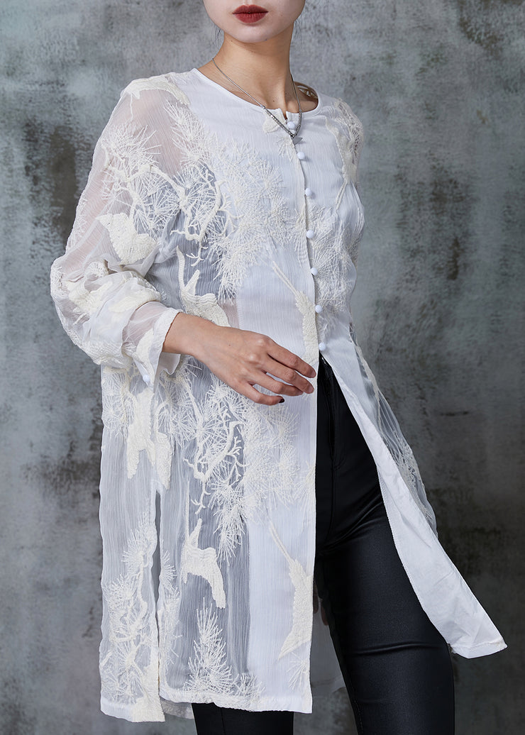 Women White Embroidered Chiffon UPF 50+ Long Shirt Summer