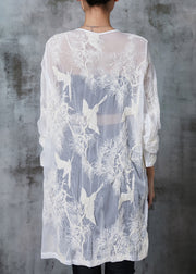 Women White Embroidered Chiffon UPF 50+ Long Shirt Summer
