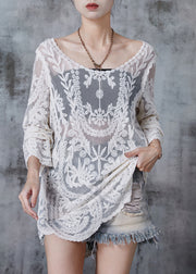 Women White Embroidered Hollow Out Tulle Long Smock Summer