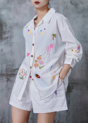 Women White Embroidered Linen Two-Piece Set Summer