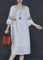 Women White Embroidered Patchwork Linen Oriental Dresses Summer