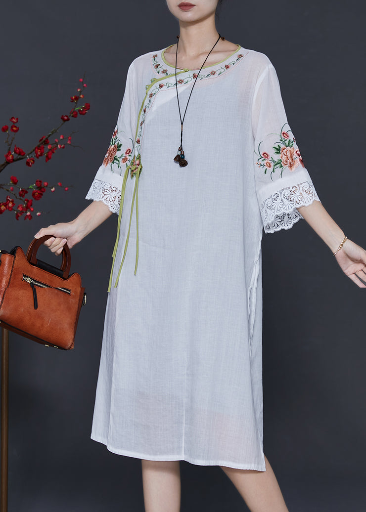 Women White Embroidered Patchwork Linen Oriental Dresses Summer