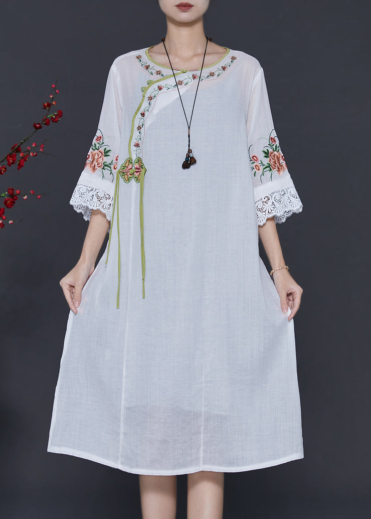 Women White Embroidered Patchwork Linen Oriental Dresses Summer