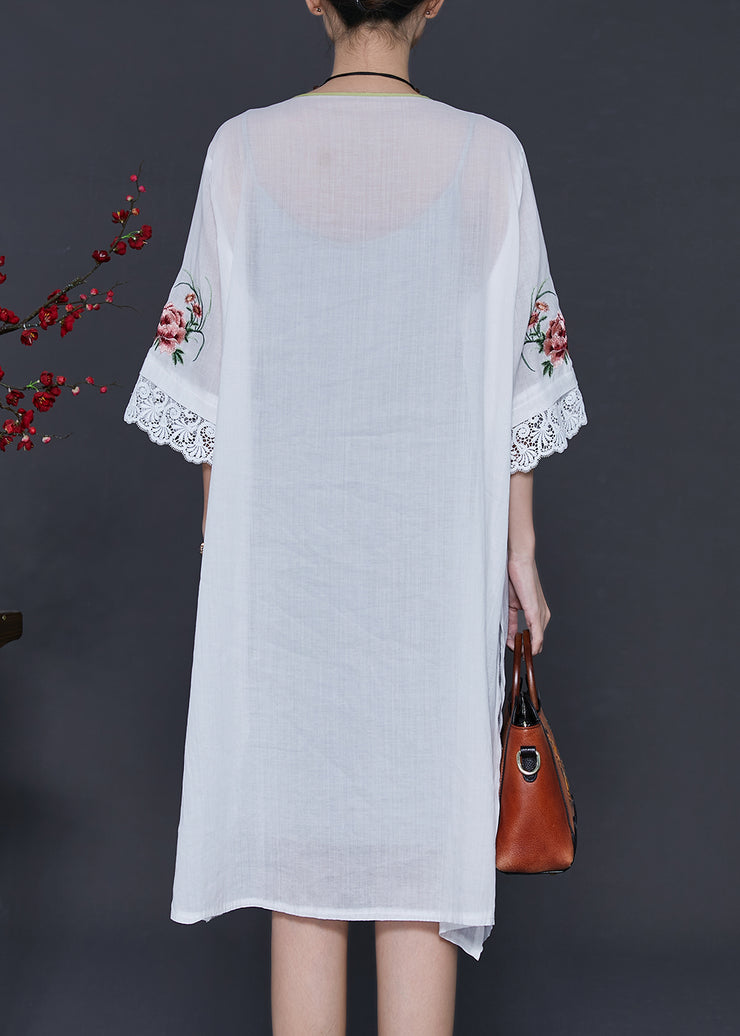 Women White Embroidered Patchwork Linen Oriental Dresses Summer