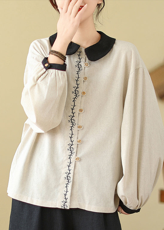 Women White Embroidered Patchwork Linen Shirts Spring