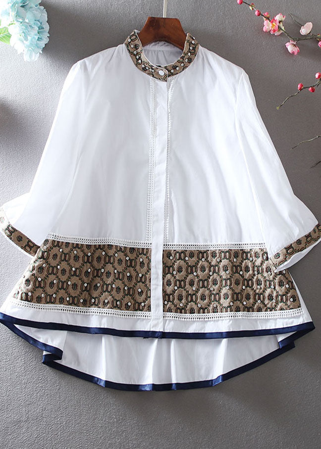 Women White Embroidered Patchwork Zircon A Line Blouse Top Spring