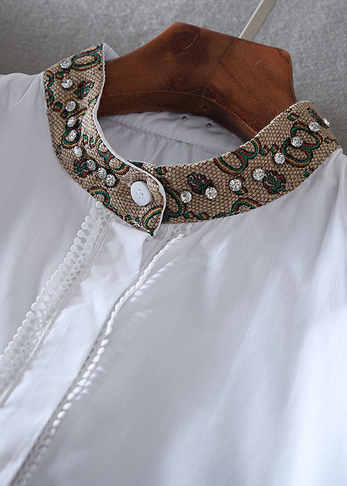 Women White Embroidered Patchwork Zircon A Line Blouse Top Spring