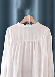Women White Embroidered Ruffled Button Cotton Shirt Spring