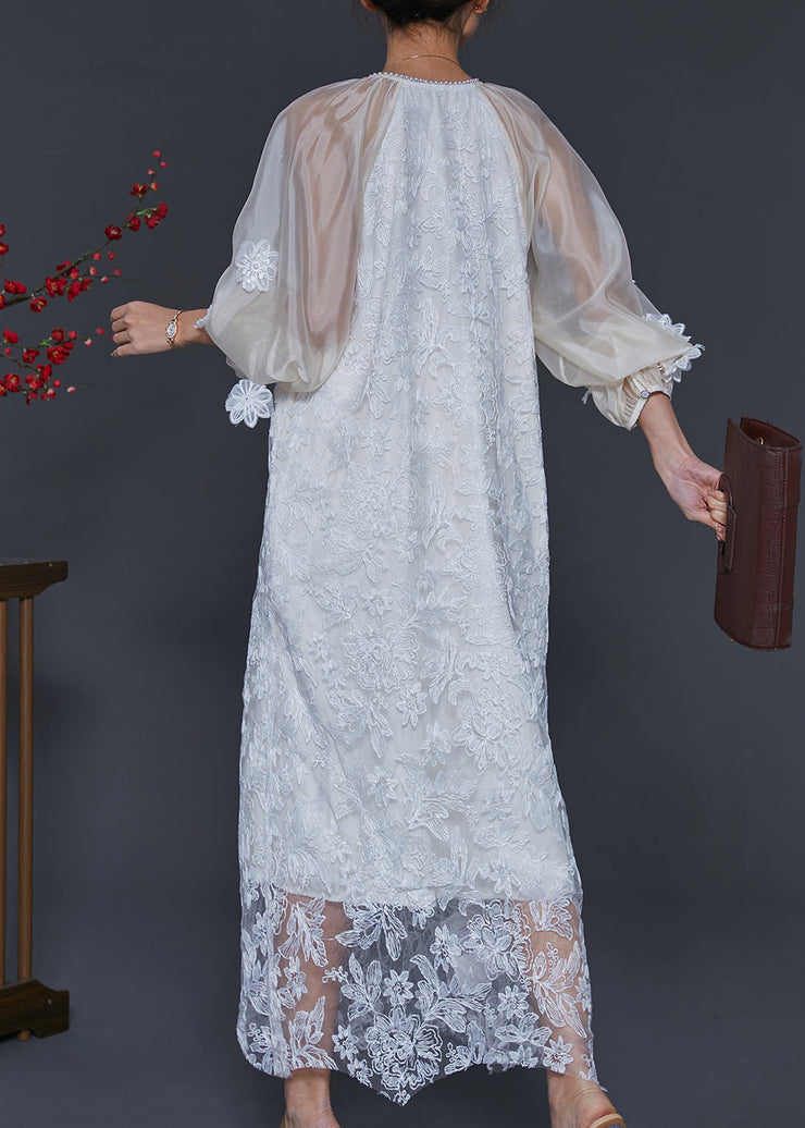 Women White Embroidered Tulle Robe Dresses Lantern Sleeve