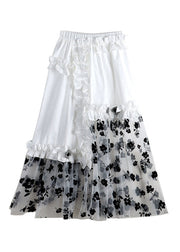 Women White Embroideried Floral Elastic Waist Asymmetrical Patchwork Tulle A Line Skirt Summer