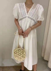 Women White Embroideried Hollow Out Patchwork Cotton Dress Puff Sleeve