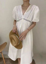 Women White Embroideried Hollow Out Patchwork Cotton Dress Puff Sleeve