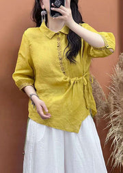 Women White Embroideried Lace Up Patchwork Linen Shirt Top Summer