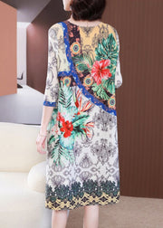 Women White Floral Print Wrinkled Maxi Dresses Bracelet Sleeve