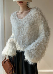 Women White Fluffy Hollow Out Knit Sweaters Spring