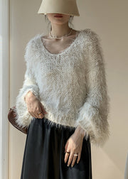 Women White Fluffy Hollow Out Knit Sweaters Spring