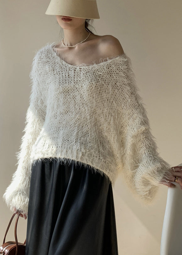 Women White Fluffy Hollow Out Knit Sweaters Spring