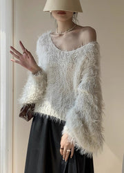 Women White Fluffy Hollow Out Knit Sweaters Winter