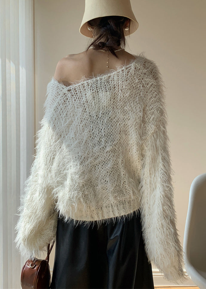 Women White Fluffy Hollow Out Knit Sweaters Spring