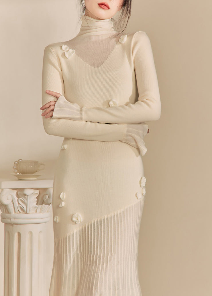 Women White Hign Neck Patchwork Slim Fit Knit Sweater Dress Fall