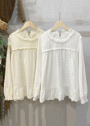 Women White Hollow Out Lace Patchwork Cotton Top Long Sleeve