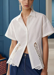 Women White Hollow Out Patchwork Silm Fit Blouses Summer