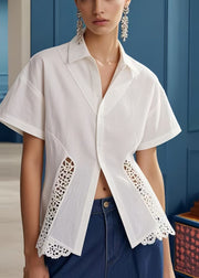 Women White Hollow Out Patchwork Silm Fit Blouses Summer