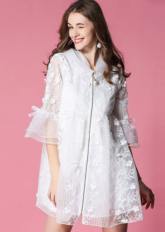 Women White Hooded Embroidered Tulle Mini Dresses Flare Sleeve